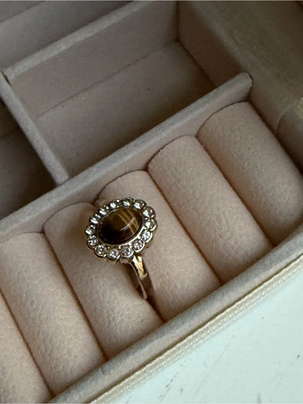 Gold-Tone Tiger's Eye Halo Ring with Clear Stones - Women's Jewelry